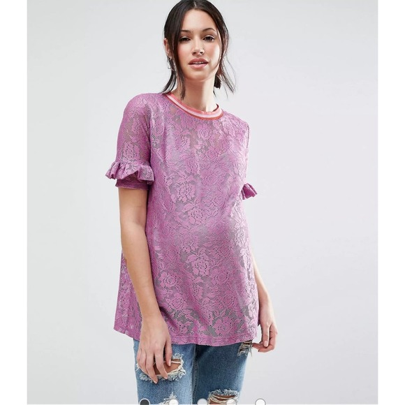 ASOS Maternity Lilac Lace Ruffle Sleeve Stripe Tipping T-Shirt Size 18 - Picture 4 of 13